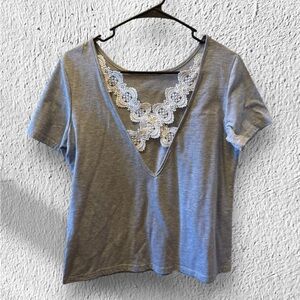 Gray V-Neck Lace Trim back T-Shirt